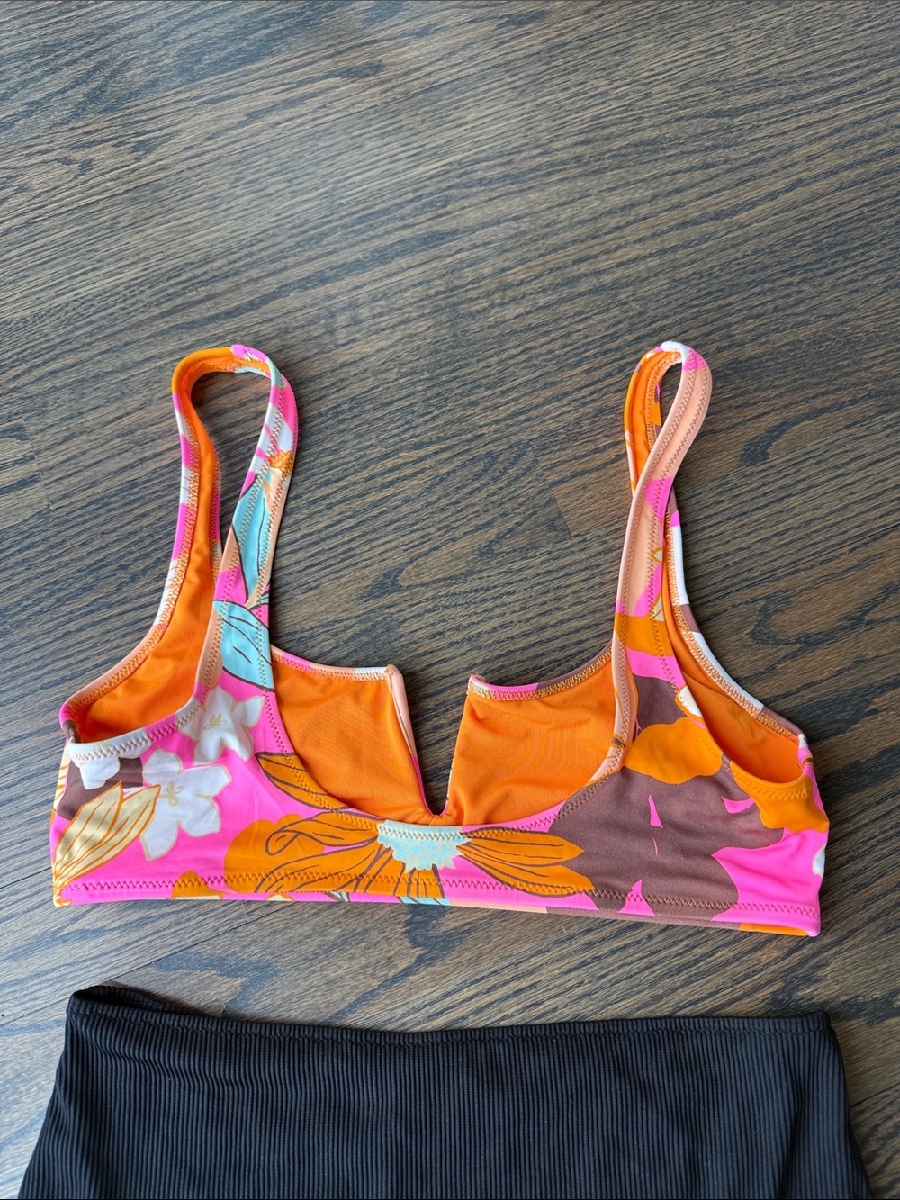 aerie Floral Orange Pink V-Neck Bikini Top with Black High-Waist Bottom size Med - Picture 4 of 10